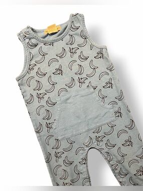 VGUC to EUC Banana Print Light Blue Baby Romper w/ Buttons (18 months)